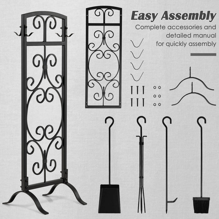 5 Piece Wrought Iron Fireplace Tools with Decor Holder-Black