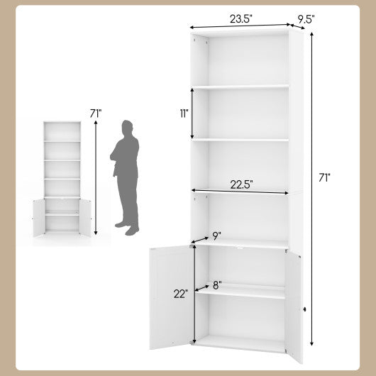 71 Inch Freestanding Bookshelf with 6 Shelves and 2-Door Cabinet-White