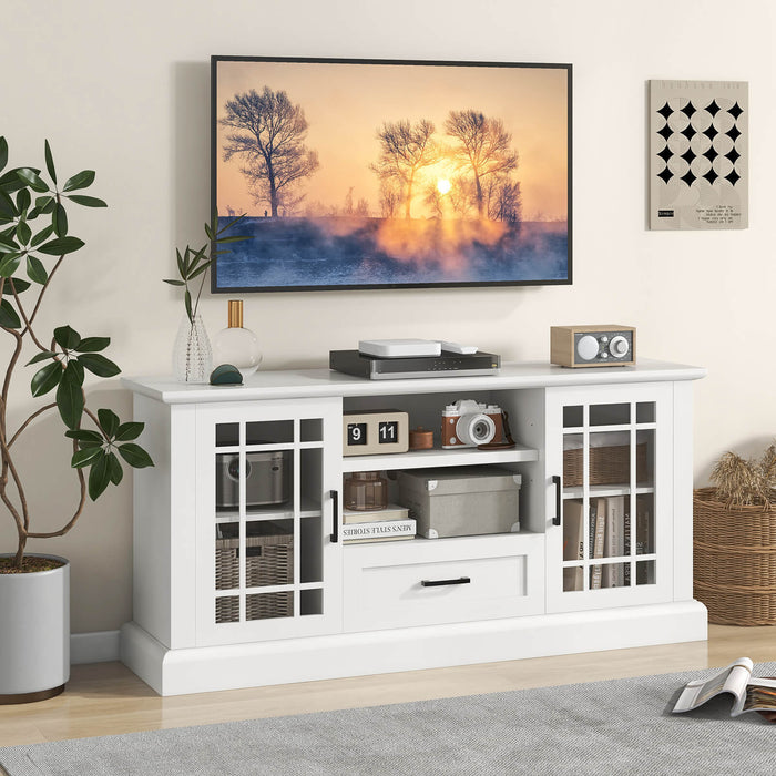 TV Stand for TVs up to 70  with Glass Doors Cubbies and Drawer-White