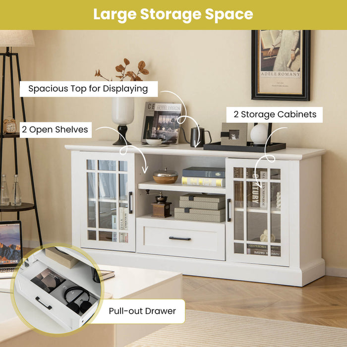 TV Stand for TVs up to 70  with Glass Doors Cubbies and Drawer-White