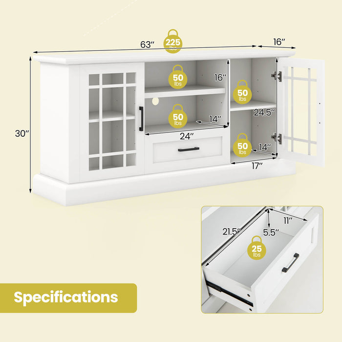TV Stand for TVs up to 70  with Glass Doors Cubbies and Drawer-White