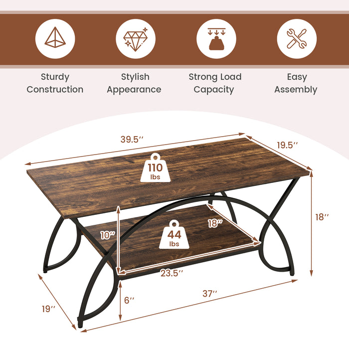 2-Tier Faux Marble Coffee Table with Marble Top and Metal Frame-Rustic Brown