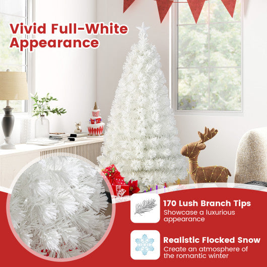 5/6/7 Feet Pre-Lit Fiber Optic White Snow-Flocked Artificial Christmas Tree-5 ft