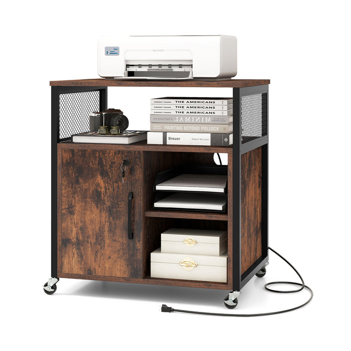 File Cabinet on Wheels with Charging Station and Cable Management Hole-Brown