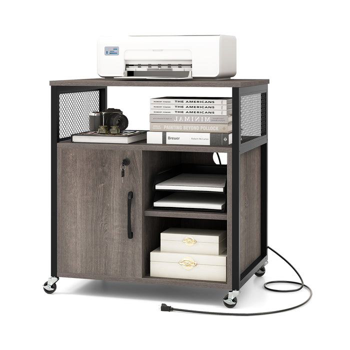 File Cabinet on Wheels with Charging Station and Cable Management Hole-Gray