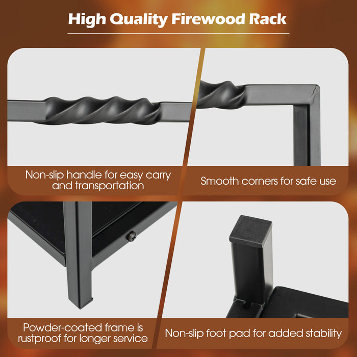 Firewood Log Rack with Unique Handle and Raised Feet-Black