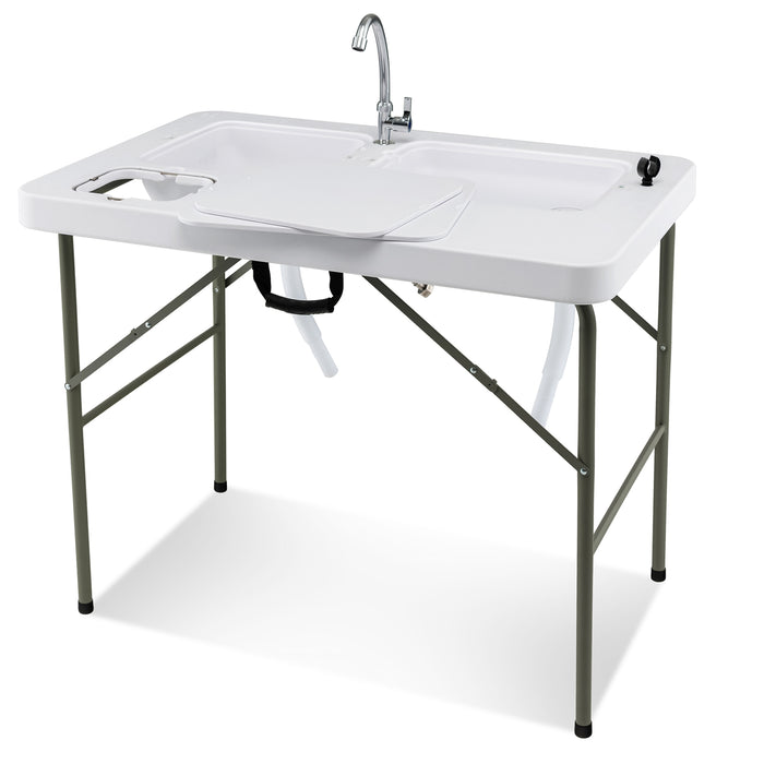 Fish Cleaning Table with 2 Sinks and 360Â° Rotatable Fauce-White