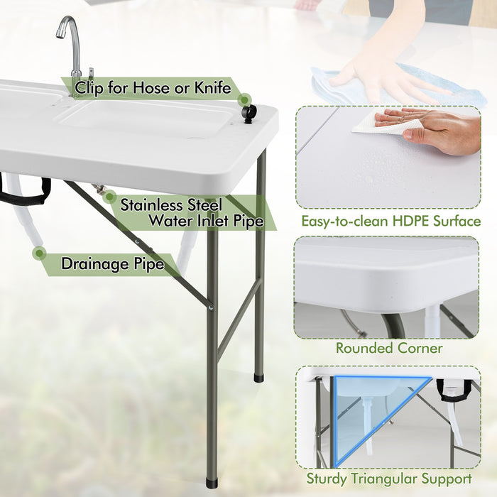 Fish Cleaning Table with 2 Sinks and 360Â° Rotatable Fauce-White