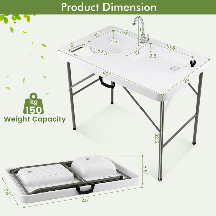 Fish Cleaning Table with 2 Sinks and 360Â° Rotatable Fauce-White