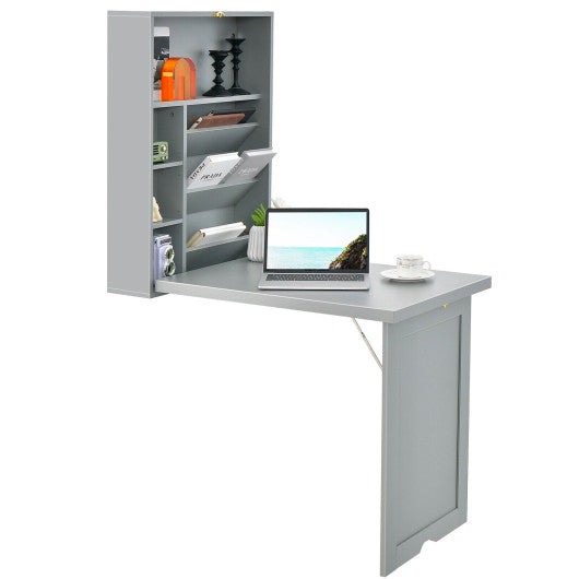 Wall-Mounted Fold-Out Convertible Floating Desk Space Saver-Gray