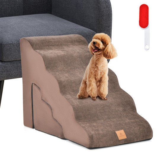 22 Inches and 11 Inches Foam Pet Stairs Set with 5-Tier and 3-Tier Dog Ramps-Brown