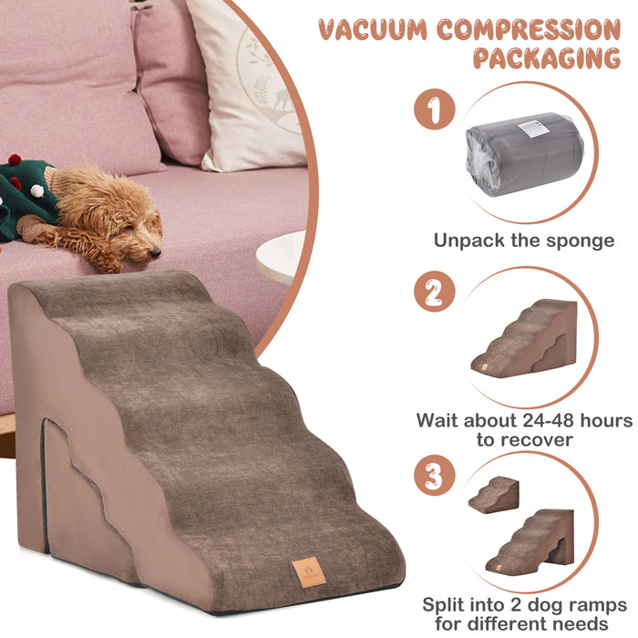 22 Inches and 11 Inches Foam Pet Stairs Set with 5-Tier and 3-Tier Dog Ramps-Brown