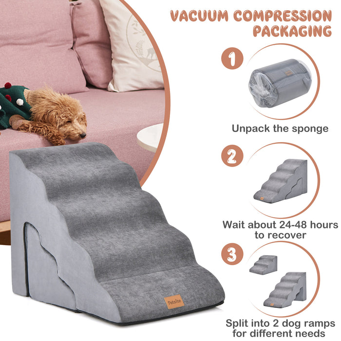 22 Inches and 11 Inches Foam Pet Stairs Set with 5-Tier and 3-Tier Dog Ramps-Gray