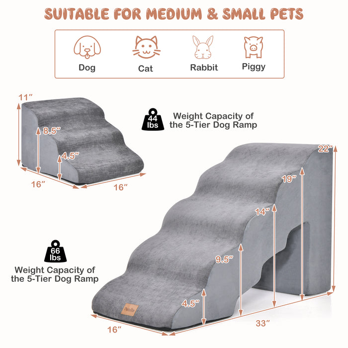 22 Inches and 11 Inches Foam Pet Stairs Set with 5-Tier and 3-Tier Dog Ramps-Gray