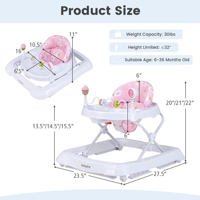 Foldable Baby Activity Walker with Adjustable Height and Detachable Seat Cushion-Pink