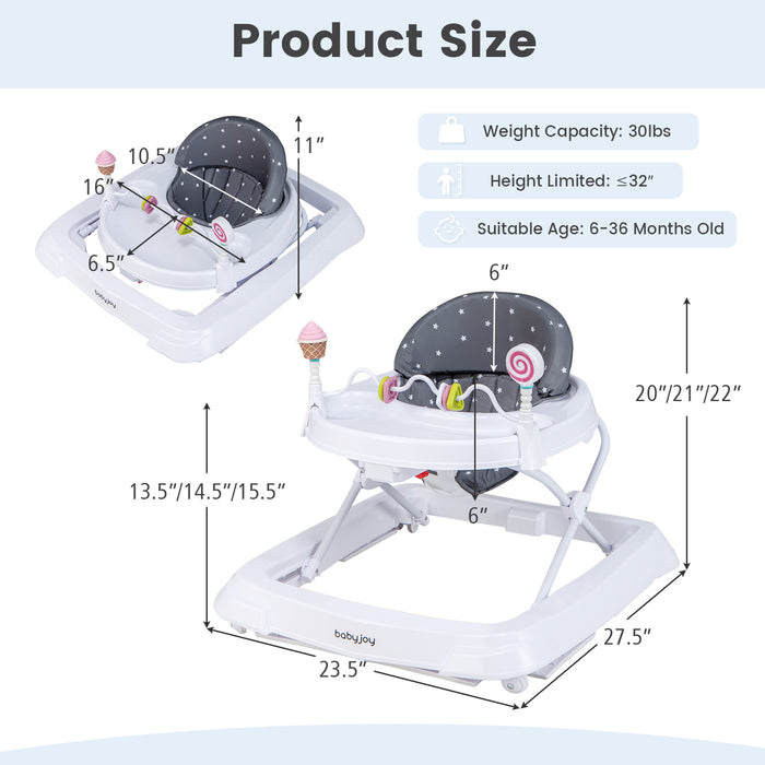 Foldable Baby Activity Walker with Adjustable Height and Detachable Seat Cushion-Gray