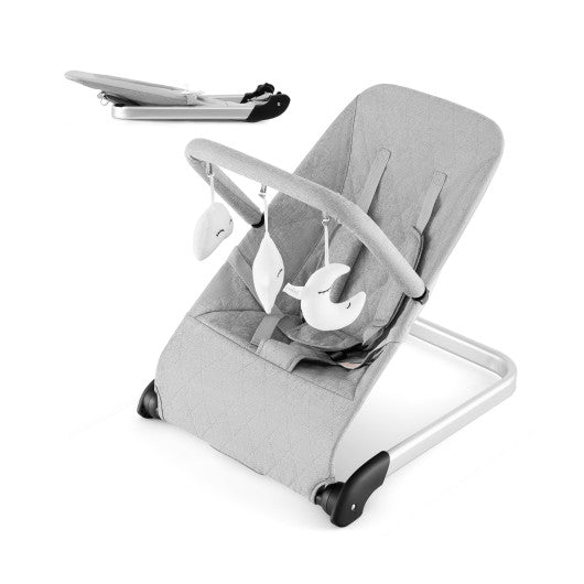 Foldable Baby Bouncer with Removable Fabric Cover and Toy Bar-Gray