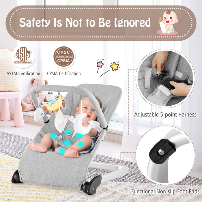 Foldable Baby Bouncer with Removable Fabric Cover and Toy Bar-Gray