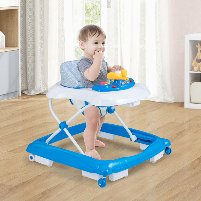 Foldable Baby Walker with 3 Adjustable Heights and Padded Seat-Blue