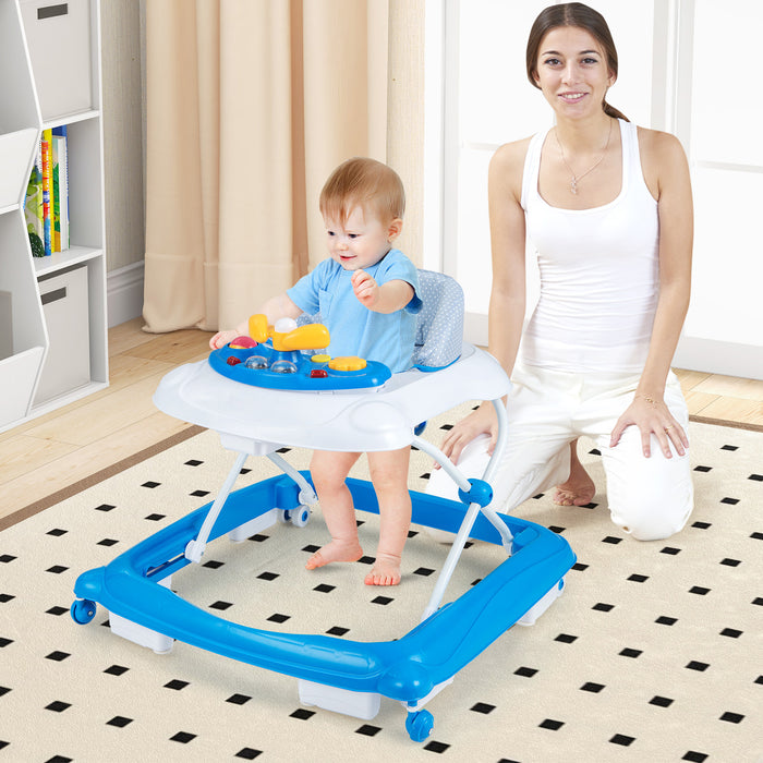 Foldable Baby Walker with 3 Adjustable Heights and Padded Seat-Blue