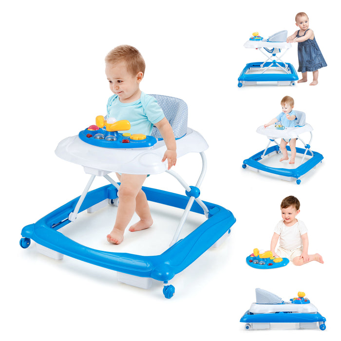 Foldable Baby Walker with 3 Adjustable Heights and Padded Seat-Blue