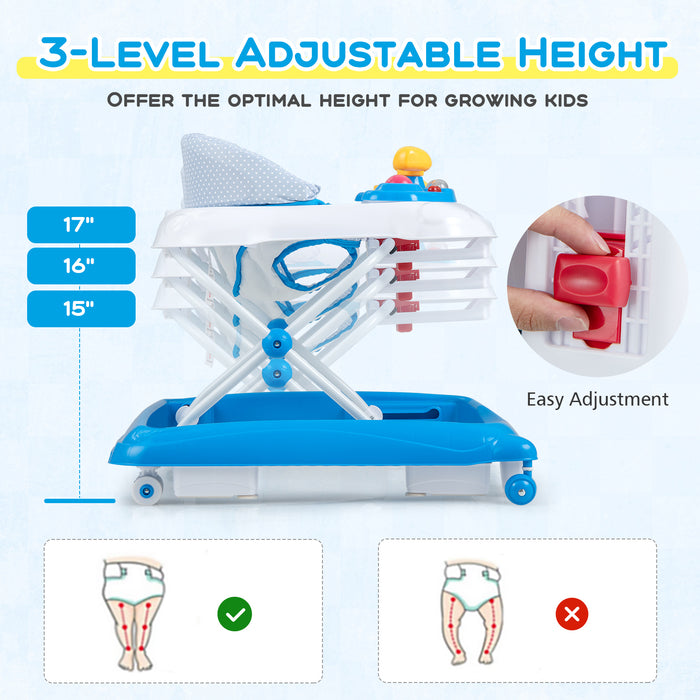 Foldable Baby Walker with 3 Adjustable Heights and Padded Seat-Blue