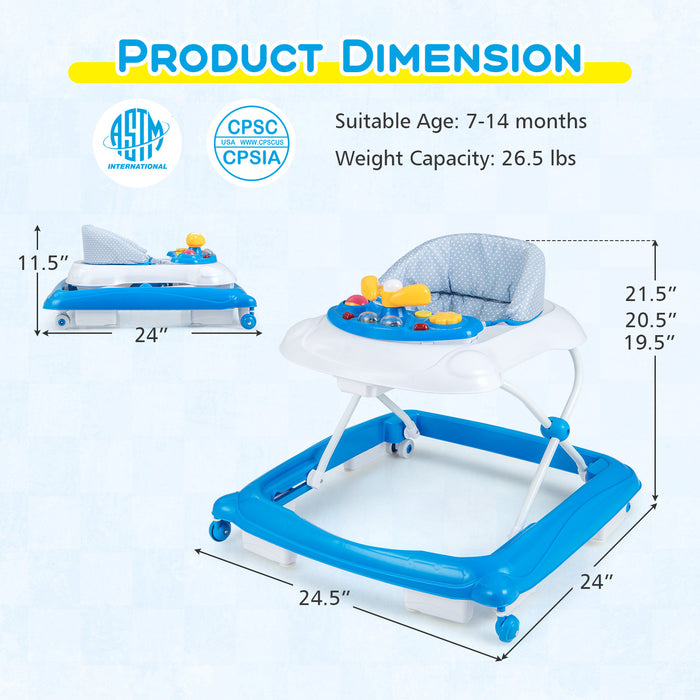 Foldable Baby Walker with 3 Adjustable Heights and Padded Seat-Blue