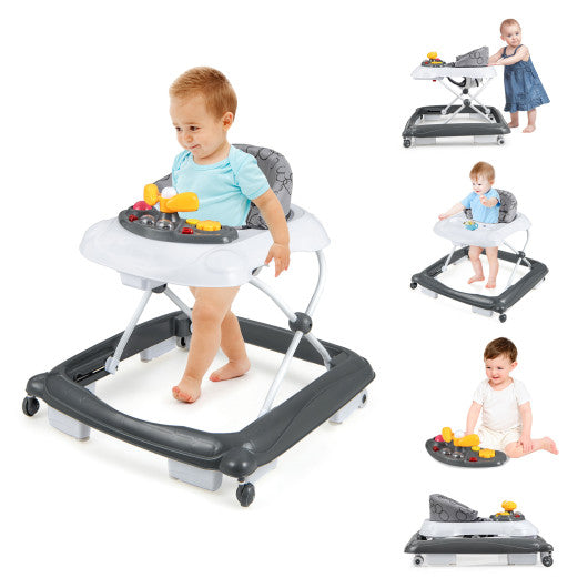 Foldable Baby Walker with 3 Adjustable Heights and Padded Seat-Gray