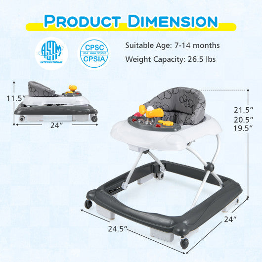 Foldable Baby Walker with 3 Adjustable Heights and Padded Seat-Gray