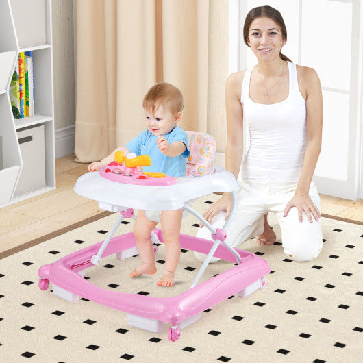 Foldable Baby Walker with 3 Adjustable Heights and Padded Seat-Pink