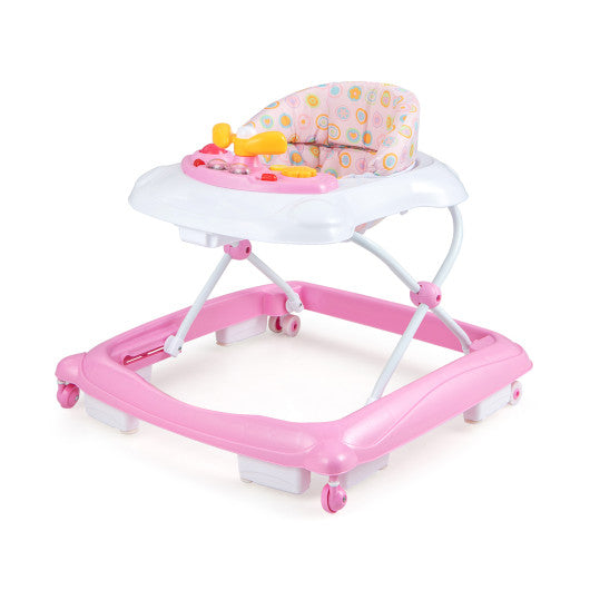 Foldable Baby Walker with 3 Adjustable Heights and Padded Seat-Pink