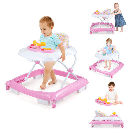 Foldable Baby Walker with 3 Adjustable Heights and Padded Seat-Pink