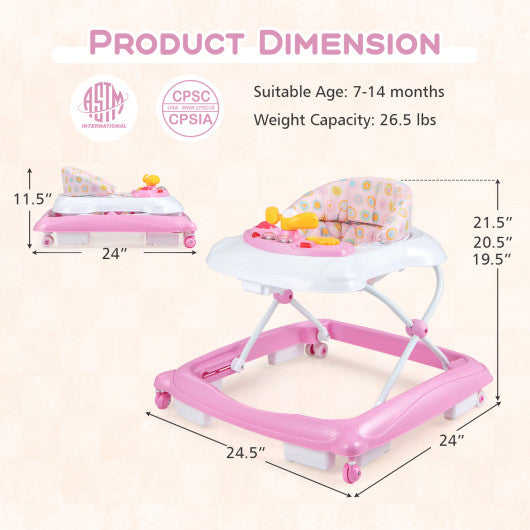 Foldable Baby Walker with 3 Adjustable Heights and Padded Seat-Pink