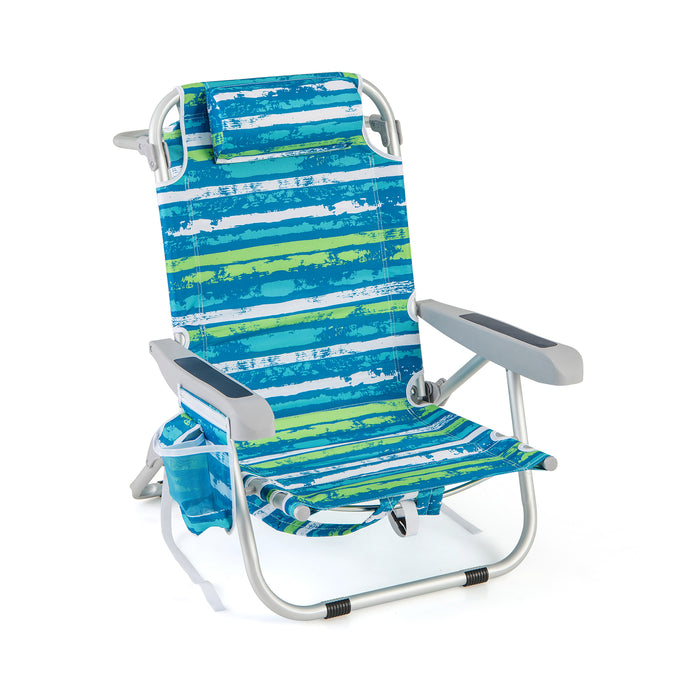 1 Piece Foldable Backpack Beach Chair with Cup Holder and Storage Pockets for Outdoor-Blue and Green