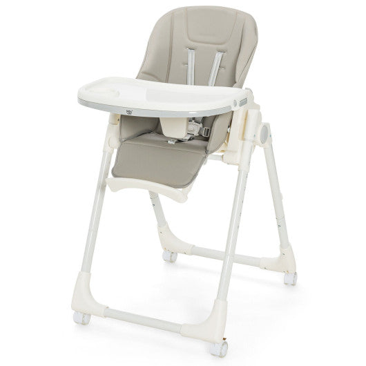 Folding High Chair with Height Adjustment and 360Â° Rotating Wheels-Gray