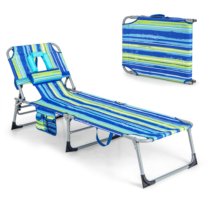 Folding Beach Lounge Chair with Pillow for Outdoor-Blue & Green