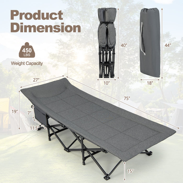 Folding Camping Cot with Carry Bag Cushion and Headrest-Gray