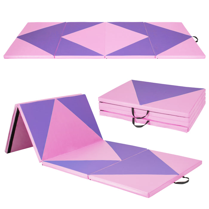 4-Panel PU Leather Folding Exercise Gym Mat with Hook and Loop Fasteners-Pink & Purple