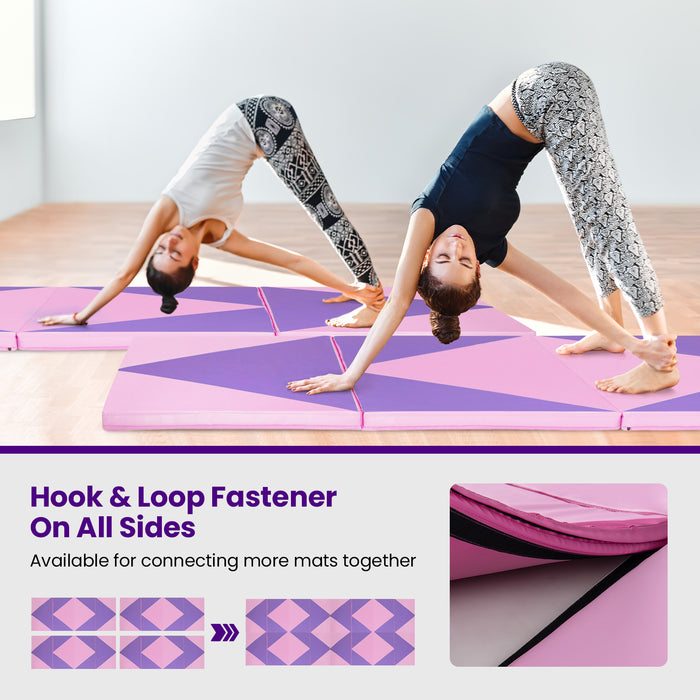 4-Panel PU Leather Folding Exercise Gym Mat with Hook and Loop Fasteners-Pink & Purple