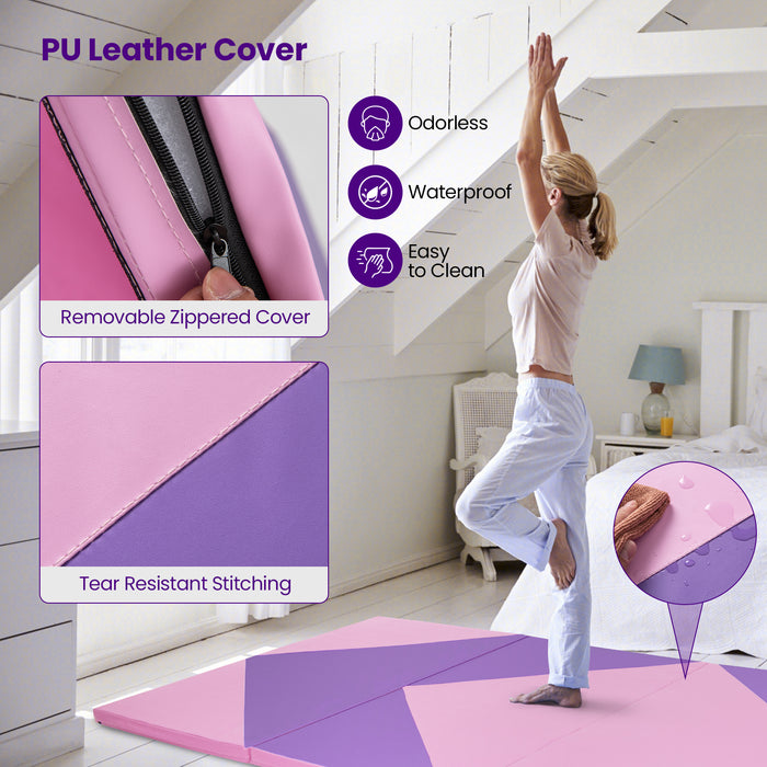 4-Panel PU Leather Folding Exercise Gym Mat with Hook and Loop Fasteners-Pink & Purple