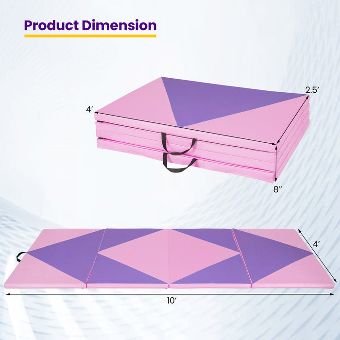 4-Panel PU Leather Folding Exercise Gym Mat with Hook and Loop Fasteners-Pink & Purple