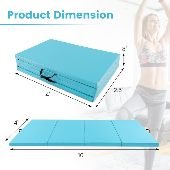 4-Panel PU Leather Folding Exercise Mat with Carrying Handles-Blue