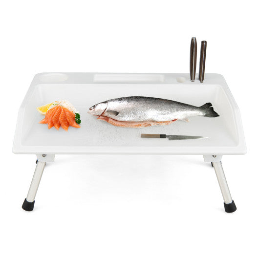 Folding Fish Fillet Table Portable Fish Cleaning and Cutting Table with Knife Slots-White