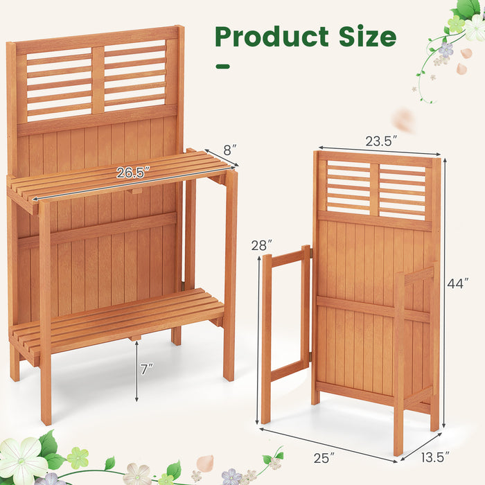 Folding Garden Potting Bench with 2-tier Storage Shelves and Teak Oil Finish for Garden Yard Balcony