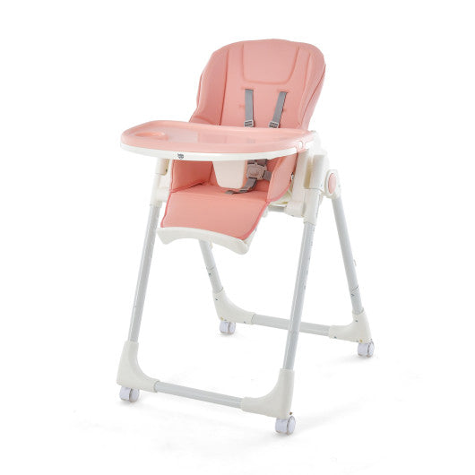 Folding High Chair with Height Adjustment and 360Â° Rotating Wheels-Pink