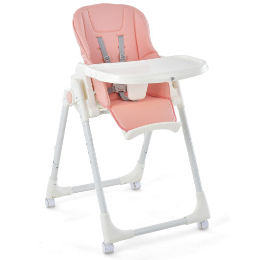 Folding High Chair with Height Adjustment and 360Â° Rotating Wheels-Pink