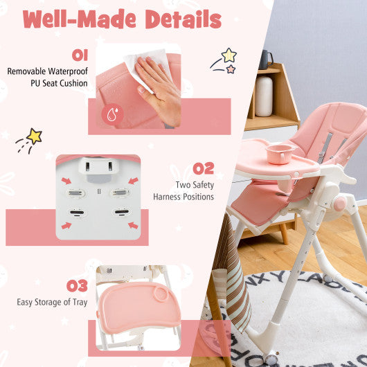 Folding High Chair with Height Adjustment and 360Â° Rotating Wheels-Pink