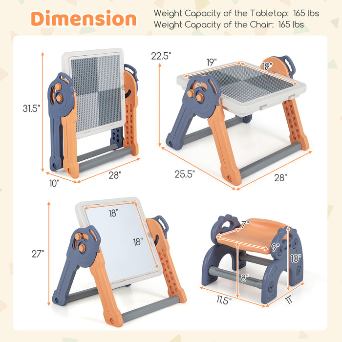 6-In-1 Folding Kids Art Easel with Reversible Building Block Tabletop