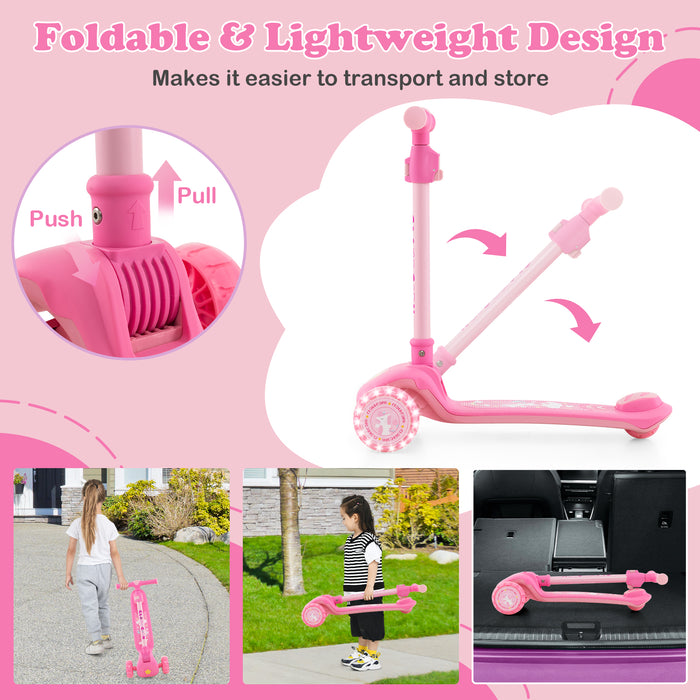 Folding Kids Scooter with Extra Wide Deck and LED Lighted PU Wheels-Pink