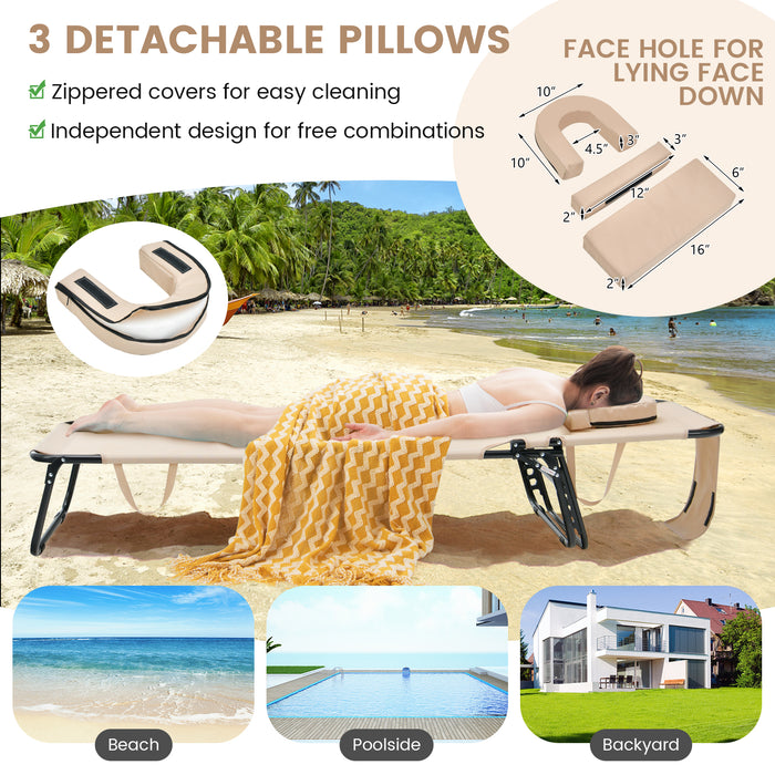 Beach Chaise Lounge Chair with Face Hole and Removable Pillow-Beige